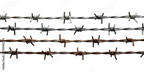 Four rows of barbed wire with varying rust levels isolated on transparent background