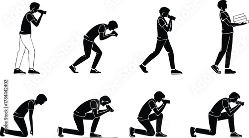 Dynamic photographer silhouette set capturing diverse angles and poses for creative projects, a vector-based design ready to enhance any visual story