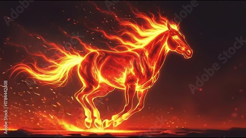 Fiery Horse Running Through Dark Landscape with Flaming Mane and Tail in Dynamic Motion