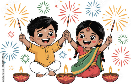 Indian children celebrating with sparklers and diyas