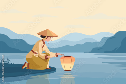 Woman in conical hat places lantern on water traditional clothing