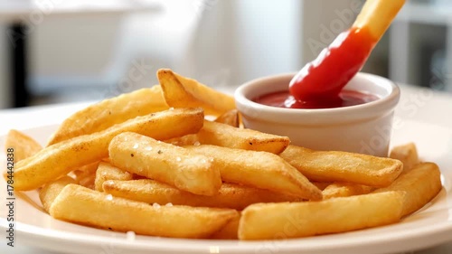 Golden French Fries with Ketchup Dip on White Plate in Soft Lighting Food Photography Delicious Fried Potatoes Snack Serving and Ketchup Condiment