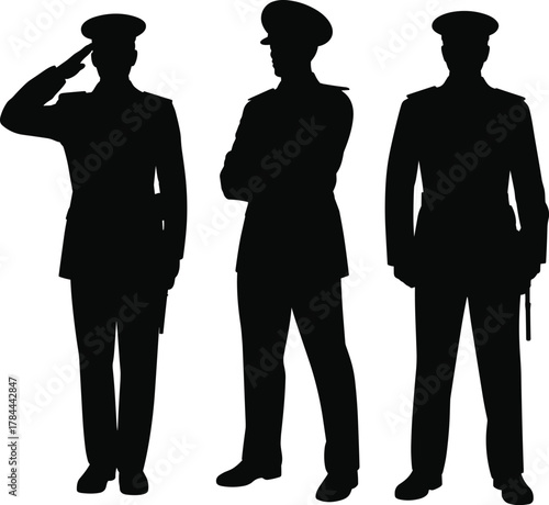 Military silhouette, soldier salute, army officer, formal uniform, standing pose, discipline, patriotism, service, vector illustration, peaked cap, defense, honor, duty, respect, national pride, 