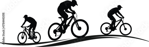 Mountain biking silhouettes, airborne cyclist, downhill trail, extreme sport motion, rugged terrain, outdoor adventure, dynamic jump, active lifestyle, biking action, nature ride, trail energy