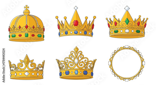 Royal Crown Collection - Set of Six Golden Crowns with Gems Illustration