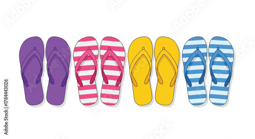 A colorful collection of four pairs of summer flip-flops lined up on a white background.
