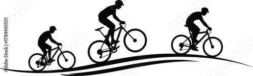 Mountain biking silhouette, extreme sport, downhill cycling, uphill ride, airborne jump, BMX action, outdoor adventure, hilly terrain, speed motion, athletic performance, 