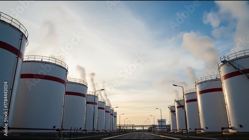 Aerial View of Large Industrial Storage Tanks in a Fuel or Chemical Plant During Daylight