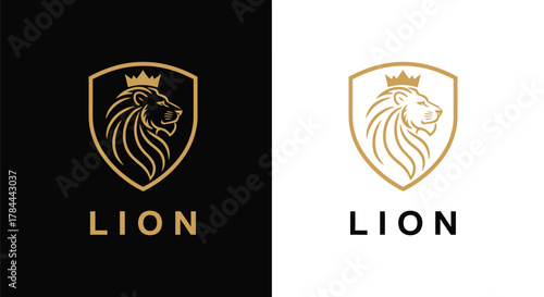 A golden lion emblem with a crown, set against a black and white background.