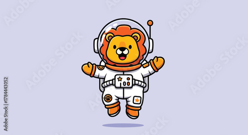Cute cartoon lion astronaut floating in space suit with happy expression.