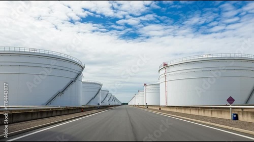 Wide Shot of Large Industrial Storage Tanks on Highway Under Bright Blue Sky