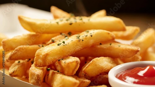 Golden French Fries Garnished with Parsley Accompanied by Red Ketchup in White Bowl on Tabletop Close Up Food Photography