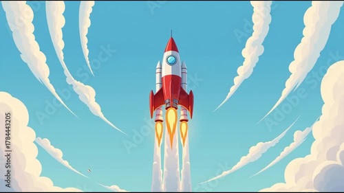 Cartoon Rocket Launching Into Sky With Smoke and Flames in Bright Daylight