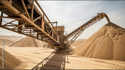 Heavy-duty mining conveyor moving large piles of gravel in open-pit quarry with industrial machinery and dust clouds