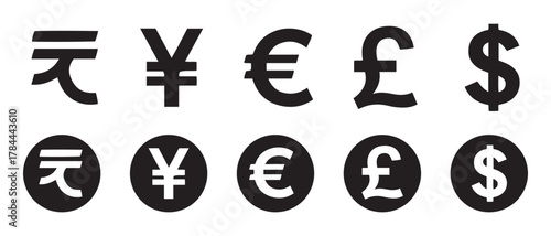 International currency symbols. dollar, euro, yen, pound, yuan.