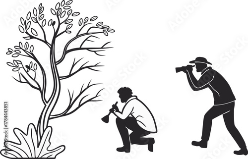 Outdoorsmen: Photographer capturing nature's beauty while musician adds a melodic touch to the peaceful scenery, embracing the tranquil landscape