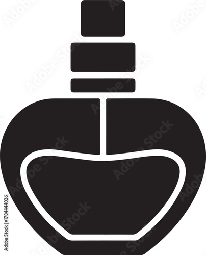 Black vector icon of a perfume bottle with a spray nozzle, suitable for beauty and cosmetic product branding.