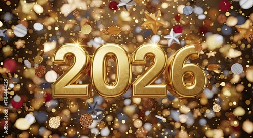 Shiny Gold Foil Numbers 2026 and Confetti Celebration Sparkle Background for New Year