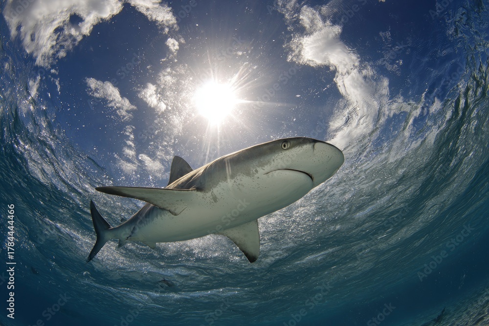 Fototapeta premium Majestic Shark Swimming Elegantly Under Sunlit Ocean Surface