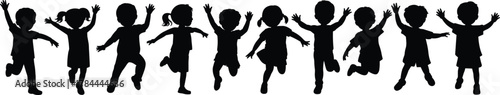 Silhouettes of happy children jumping, joyful kids in motion, energetic youth, playful childhood moment, black figures, dynamic pose, outdoor fun, carefree celebration