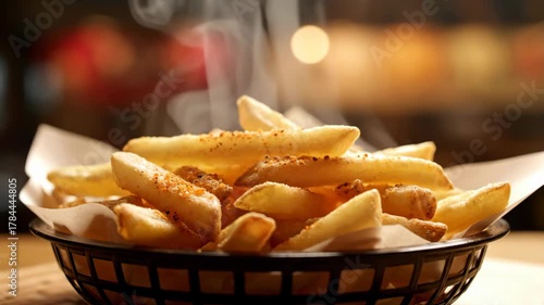 Golden Brown French Fries Served in Black Woven Basket with Steaming Effect on White Paper Napkin on Brown Wooden Table with Blurred Background Close