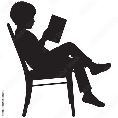 Captivating silhouette of a child engrossed in reading a book, promoting literacy and imagination, evokes childhood memories and sparks curiosity for learning