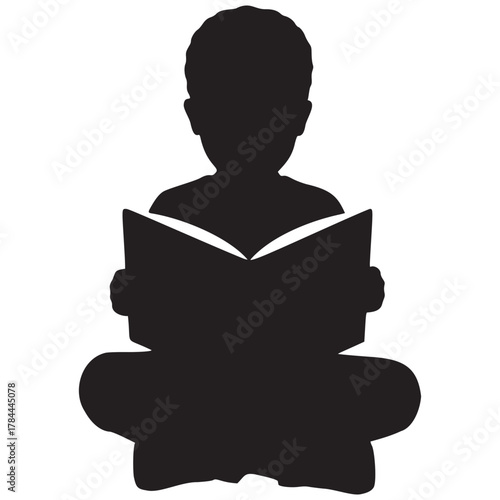 Engaging reading silhouette of a young child absorbed in a book, perfect for education and literacy promotions, originally a scalable vector graphic