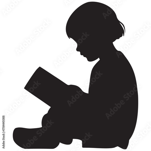 Silhouette of a child engrossed in reading a book, fostering imagination and education, perfect for promoting literacy and childhood development programs