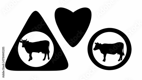 Black shapes featuring cow silhouettes in triangle and circle next to a heart shape on white background
