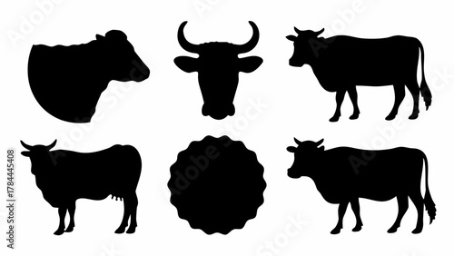 Black silhouettes of cows and a round shape with wavy edges on a white background design element