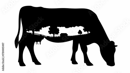 Silhouette of a cow grazing with a farm landscape inside its body in a black and white illustration