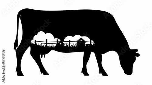 Silhouette of a cow grazing with a farm scene inside its body featuring a fence and clouds design element