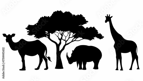 Silhouette of a camel, a tree, a rhinoceros, and a giraffe standing on a white background in the wild