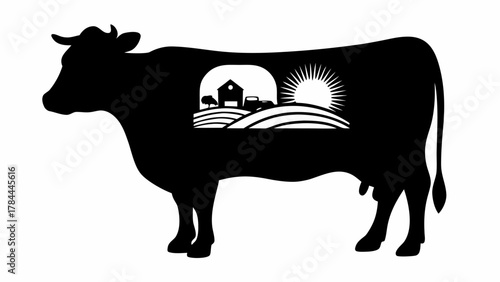 Black silhouette of a cow with a farm scene inside its body including a barn and rising sun image