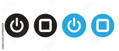 Power And Stop Icons. Circular UI Symbols in Black and Blue Variants.