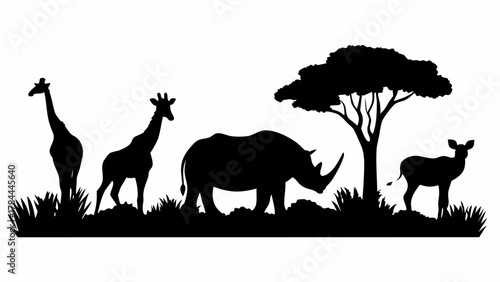 Silhouette of african wildlife featuring giraffes rhino deer and tree in a scenic landscape view image