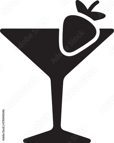 Black vector silhouette of a martini glass with a strawberry garnish on the rim for drinks and celebration.