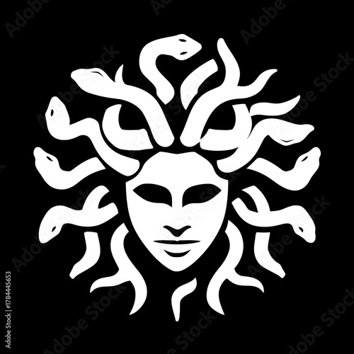 Stylized medusa head illustration with snakes in white on black background