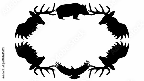 Silhouette of bear, deer, and eagle arranged in an oval frame design on a white background image view