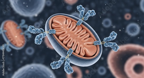 A detailed digital illustration of a mitochondrion with surrounding molecules, representing cellular energy production and biological processes