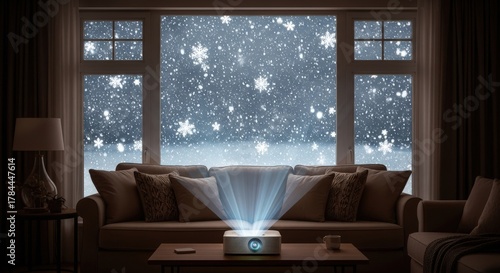 Cozy living room with projector displaying a snowy winter scene on a large window