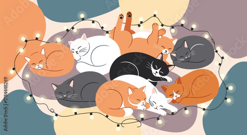 Illustration of cute cats curled up together under twinkling fairy lights in cozy illustration