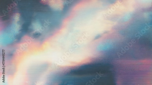 Abstract digital art piece with a blurred background. the background is made up of different shades of blue, pink, and orange, creating a gradient effect.