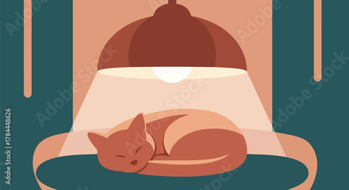 Illustration of cute red fox sleeping peacefully under warm lamp on cozy bed