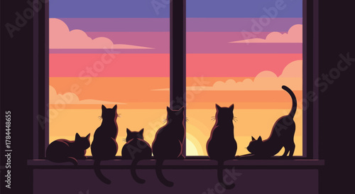 Illustration of silhouettes of five cats sitting together on window ledge at sunset