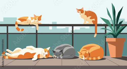 Illustration of four cats lounging and sleeping on a balcony railing with cityscape background