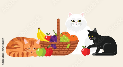 Illustration of playful cats and basket of fresh fruits, vegetables, and apples