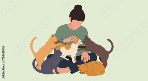 Illustration of woman sitting on floor surrounded by affectionate cats showing love and companionship