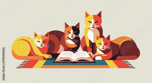 Illustration of colorful geometric cats reading together on flat design background with open book