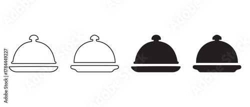 Cloche Icon Set. Black and White Serving Dish Graphics in Outline and Solid Styles for Culinary Design.